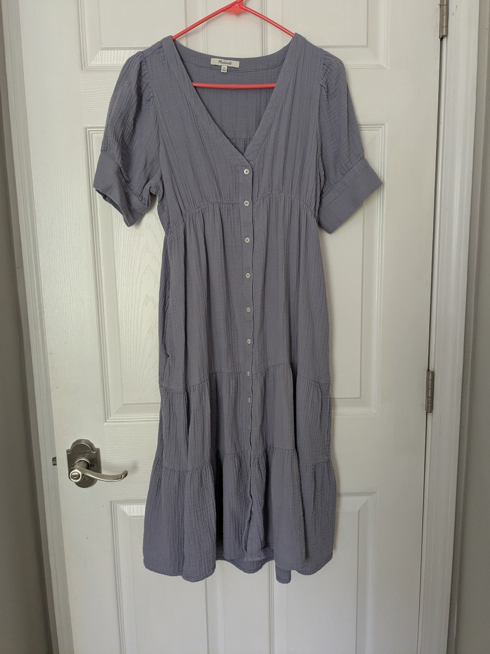 Madewell Button-Front V-Neck Tiered Midi Dress in Dusty Blue